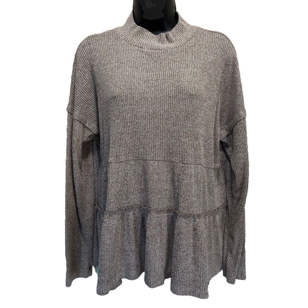 Maurices Brown Ribbed Knit Sweater 1/2 Collar Tiered Ruffle Long Sleeve‎ Size L